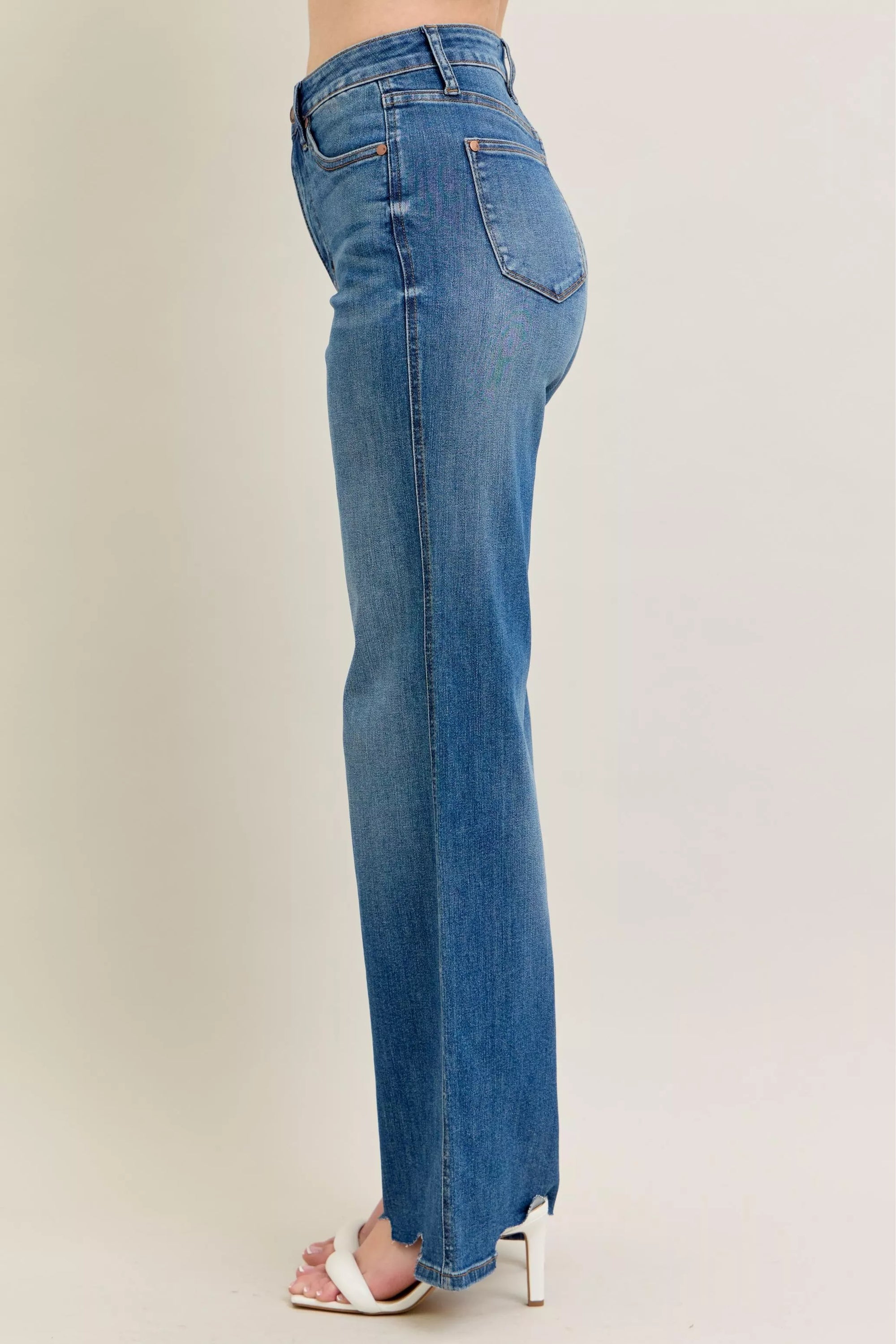 Judy Blue Full Size High Waist Tummy Control Chew Hem Destroy Wide Jeans Plus Size - Sydney So Sweet