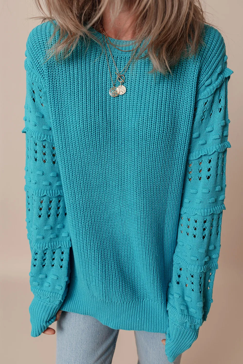 Openwork Frill Round Neck Long Sleeve Sweater - Sydney So Sweet