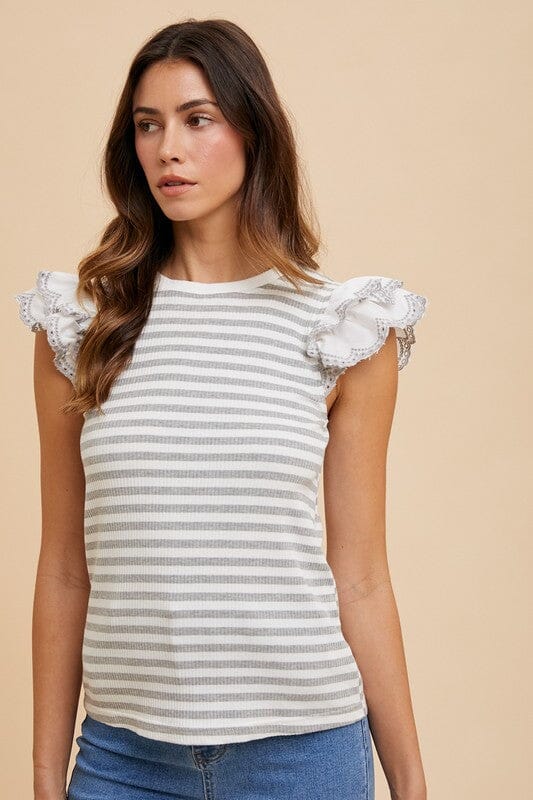 Annie Wear Ruffled Striped Round Neck Cap Sleeve Knit Top - Sydney So Sweet