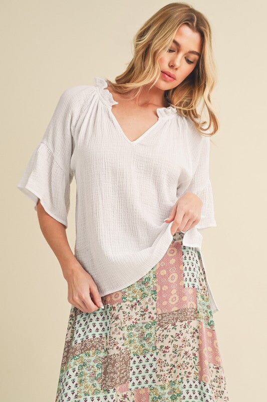 Aemi + Co Side Slit Notched Ruffled Half Sleeve Blouse - Sydney So Sweet