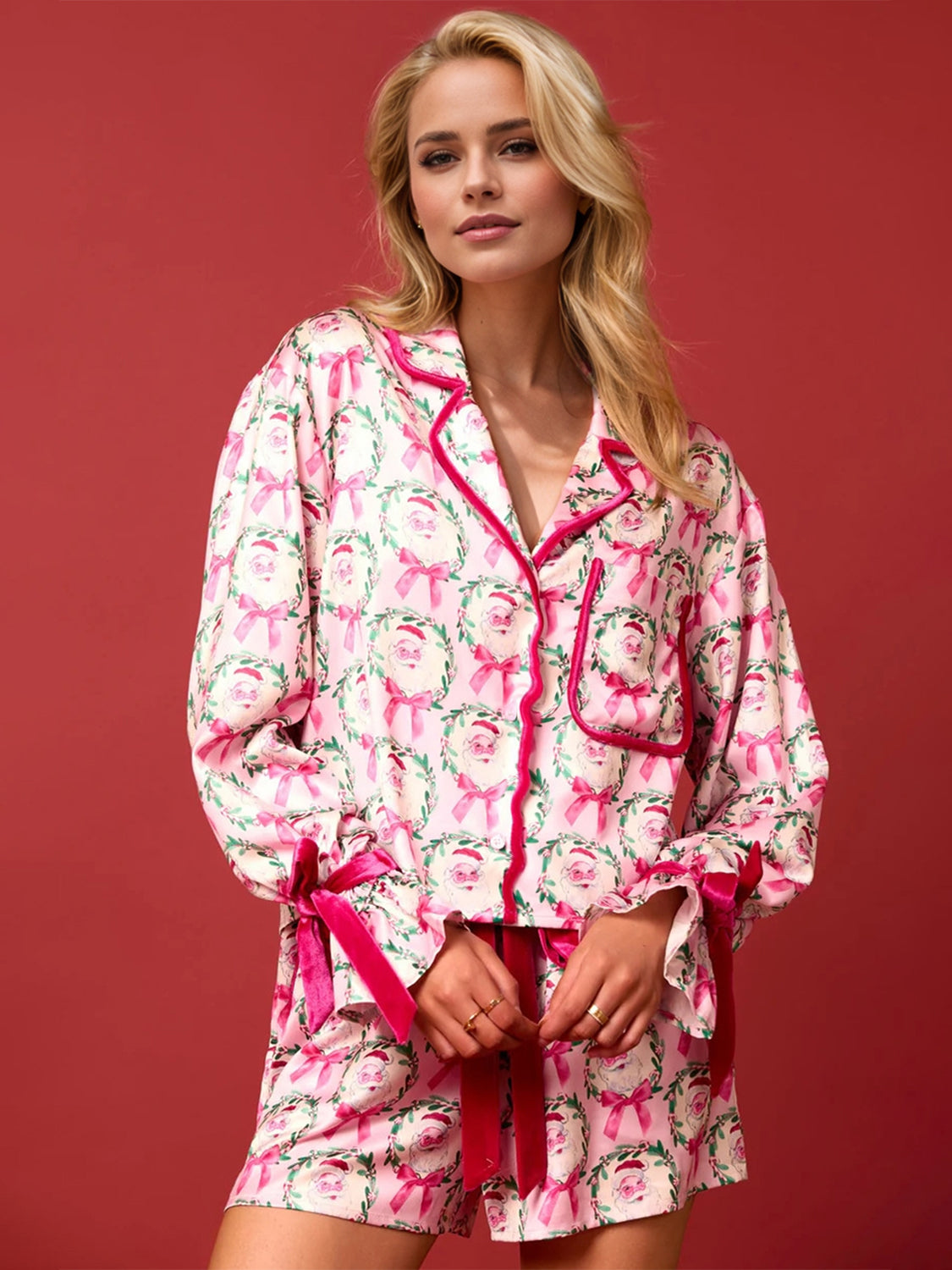 Tied Printed Collared Neck Long Sleeve Top and Shorts Set - Sydney So Sweet