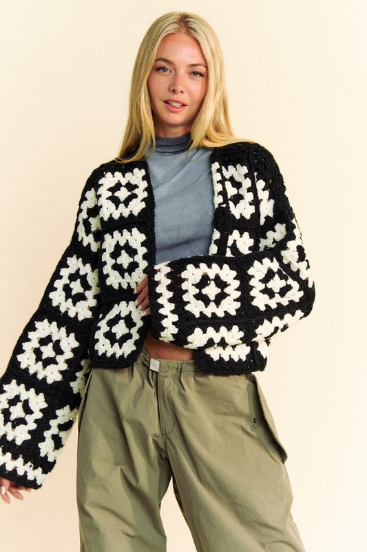 Davi & Dani Full Size Two Tone Flower Square Crochet Open Front Cardigan - Sydney So Sweet