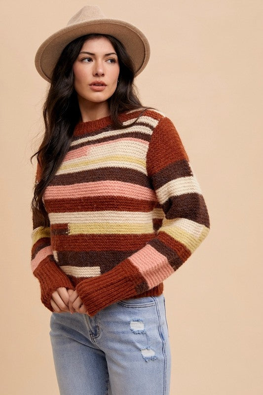 Annie Wear Color Block Round Neck Long Sleeve Sweater - Sydney So Sweet