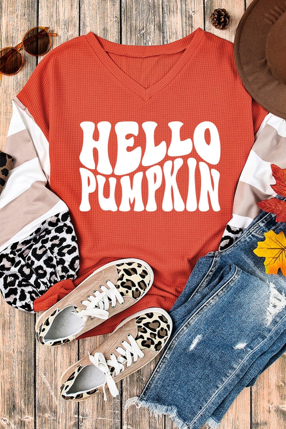 Hello Pumpkin Women's Leopard Graphic V-Neck Long Sleeve Top - Sydney So Sweet