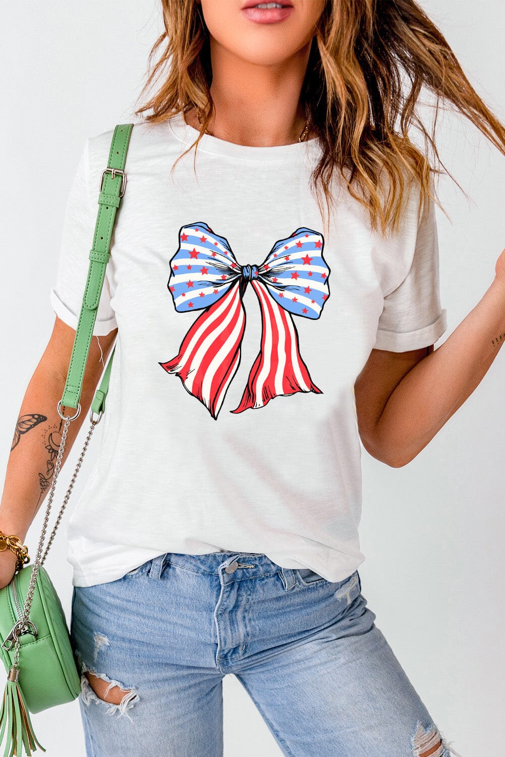 Bow Flag Patriotic Women's Short Sleeve Graphic T-Shirt - Sydney So Sweet