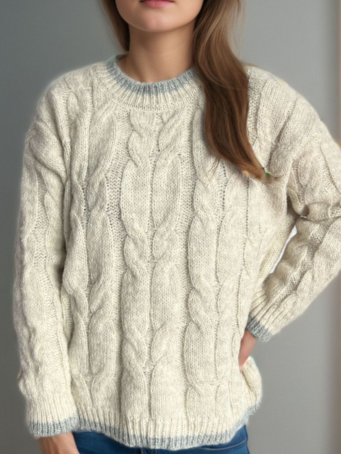 Cable Knit Round Neck Long Sleeve Sweater - Sydney So Sweet