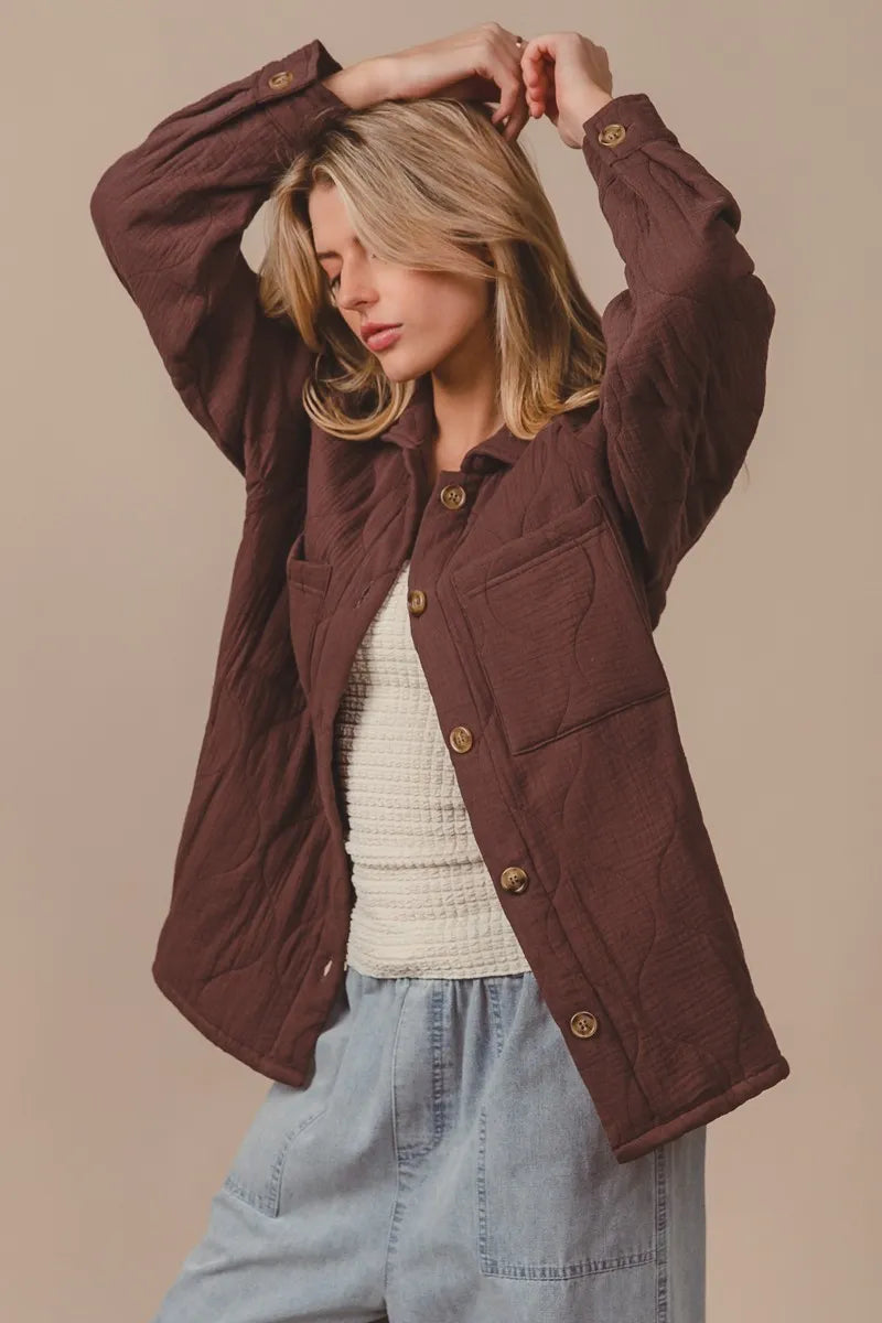 BiBi Quilted Wrinkle Gauze Long Sleeve Shacket - Sydney So Sweet