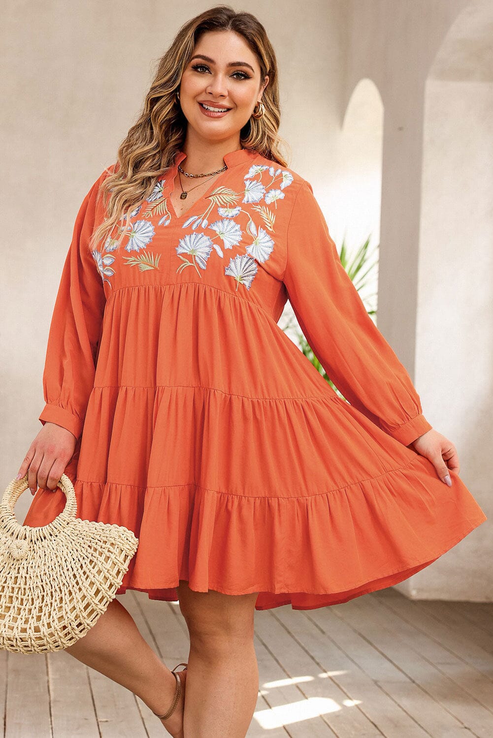 Plus Size Notched Neck Printed Long Sleeve Mini Dress - Sydney So Sweet