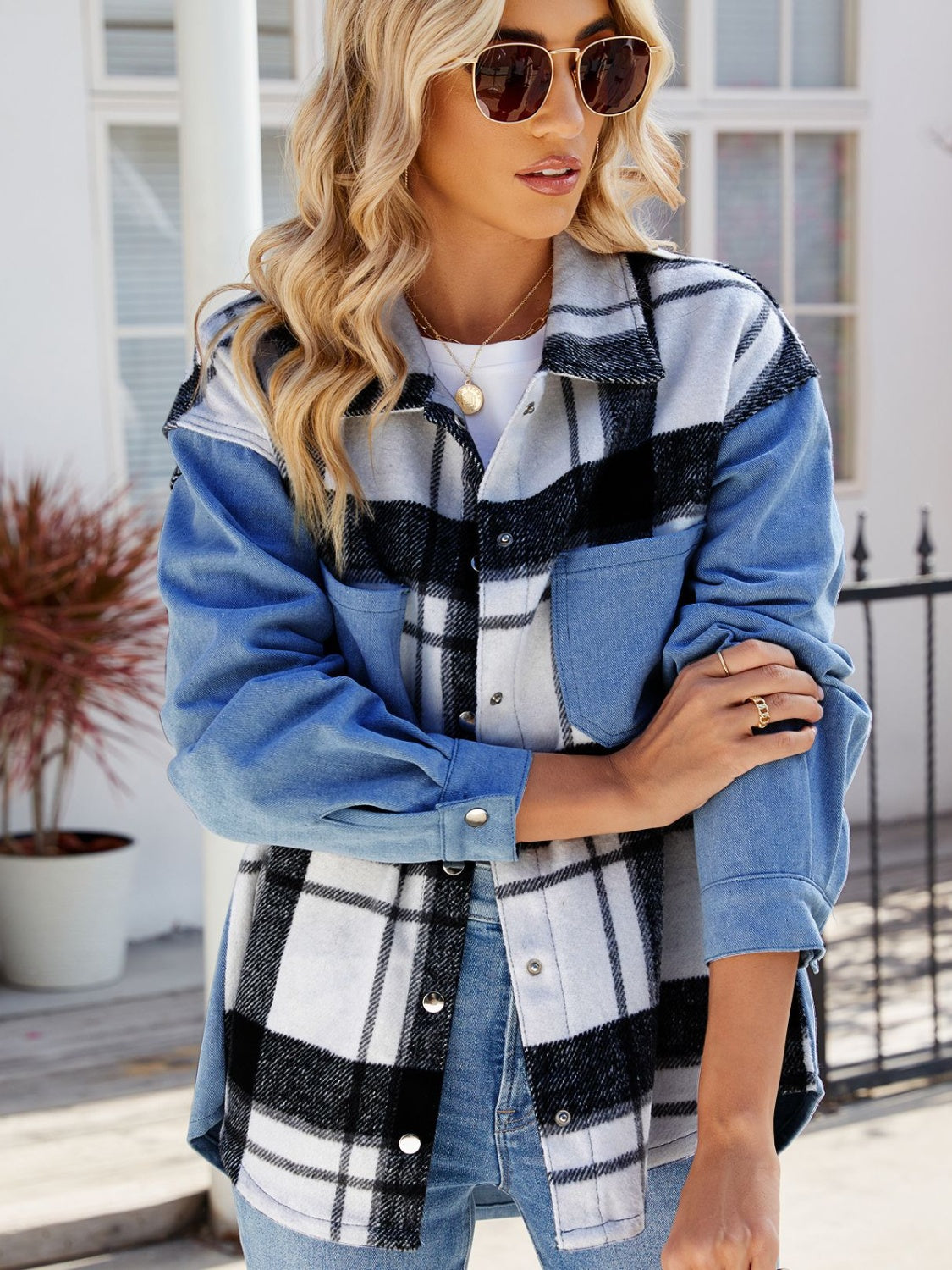 Pocketed Plaid Snap Down Denim Jacket - Sydney So Sweet