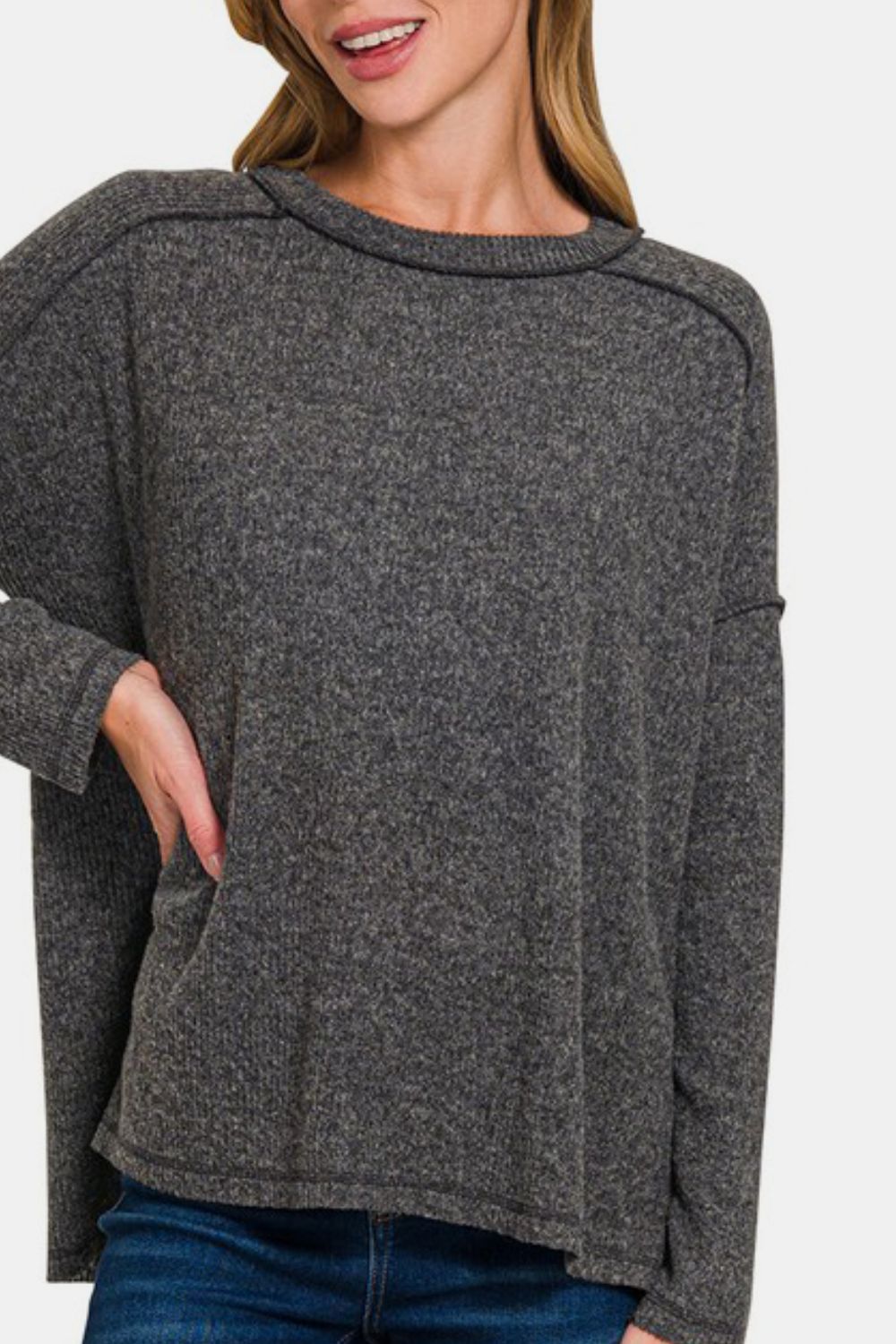 Zenana Full Size Exposed Seam Brushed Round Neck Sweater - Sydney So Sweet