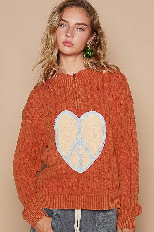 POL Cable-Knit Peace Patch Dropped Shoulder Sweater - Sydney So Sweet