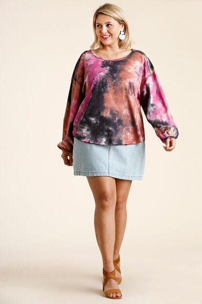 Umgee Full Size Tie Dye Round Neck Long Balloon Sleeve Top Plus Size - Sydney So Sweet