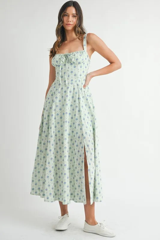 MABLE Floral Print Bustier Back Lace Up Midi Dress - Sydney So Sweet