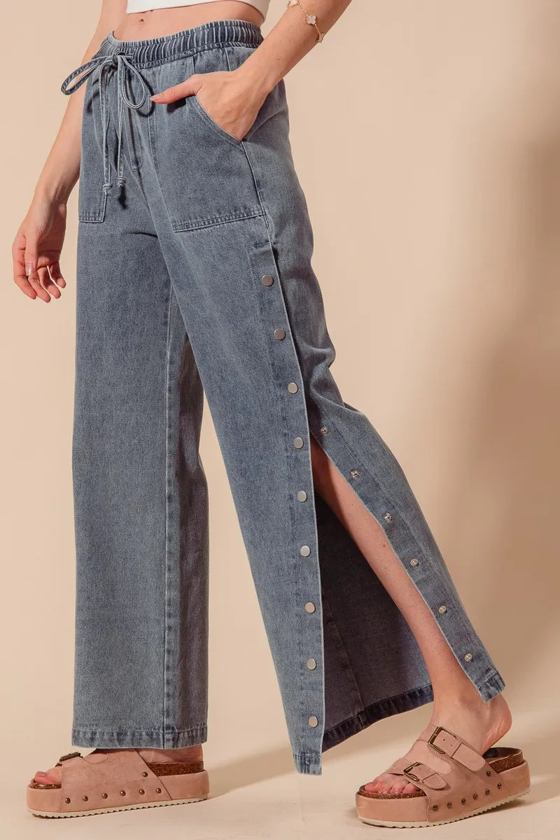 SO ME Mid Rise Drawstring Jeans with Side Snap Button - Sydney So Sweet