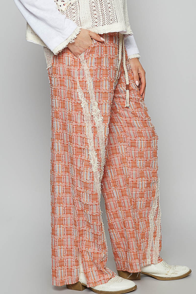 POL Lace Trim Drawstring Checkered Wide Leg Pants - Sydney So Sweet