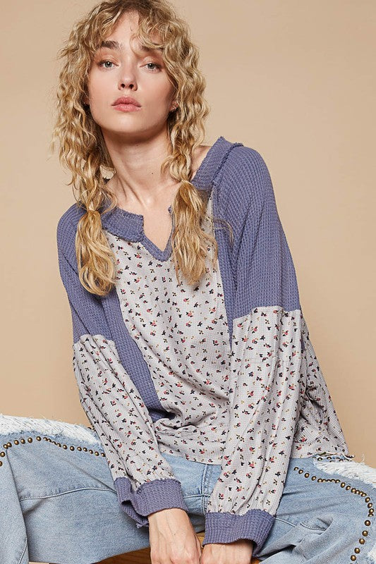 POL Waffle Knit Floral Notched Long Sleeve Top - Sydney So Sweet