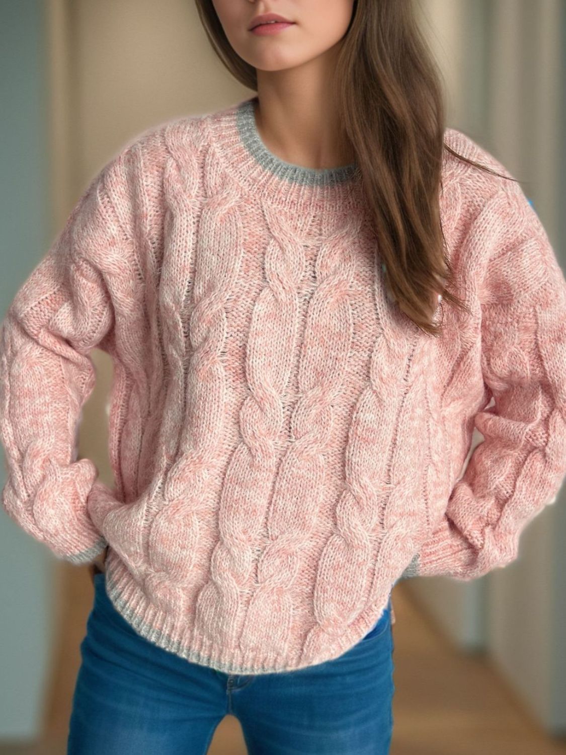 Cable Knit Round Neck Long Sleeve Sweater - Sydney So Sweet