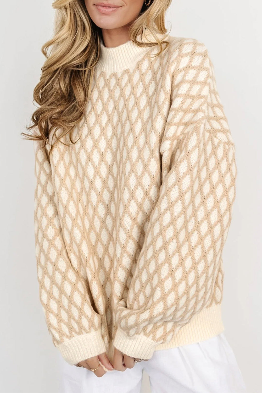 Diamond Pattern Mock Neck Long Sleeve Sweater - Sydney So Sweet