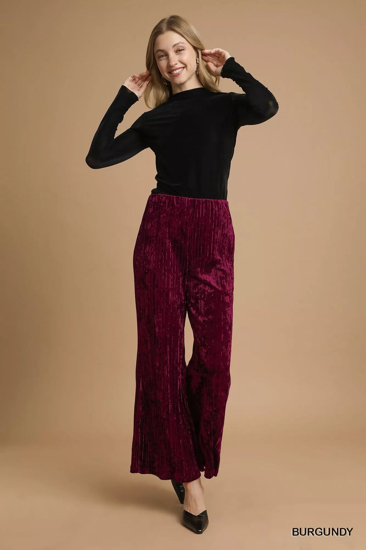 Umgee Velvet Pleated Wide Leg Pants - Sydney So Sweet