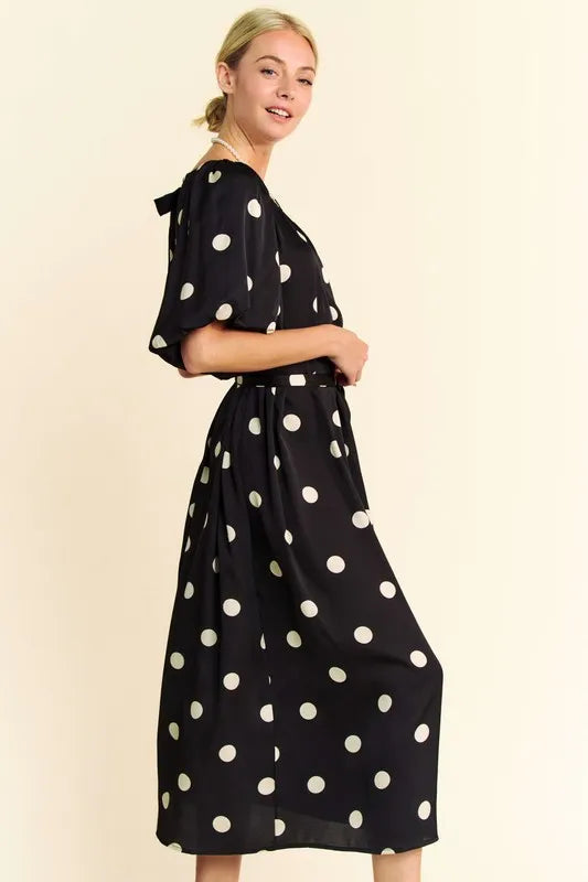 Davi & Dani Polka Dot Puff Sleeves Waist Tie Midi Dress - Sydney So Sweet