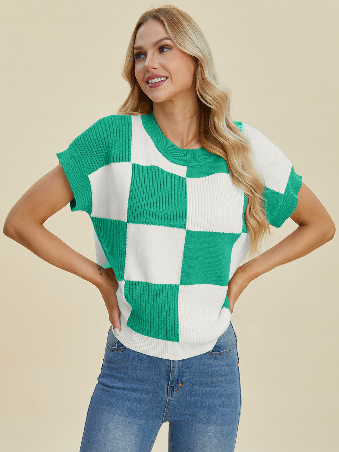 Double Take Full Size Checkered Round Neck Short Sleeve Sweater - Sydney So Sweet