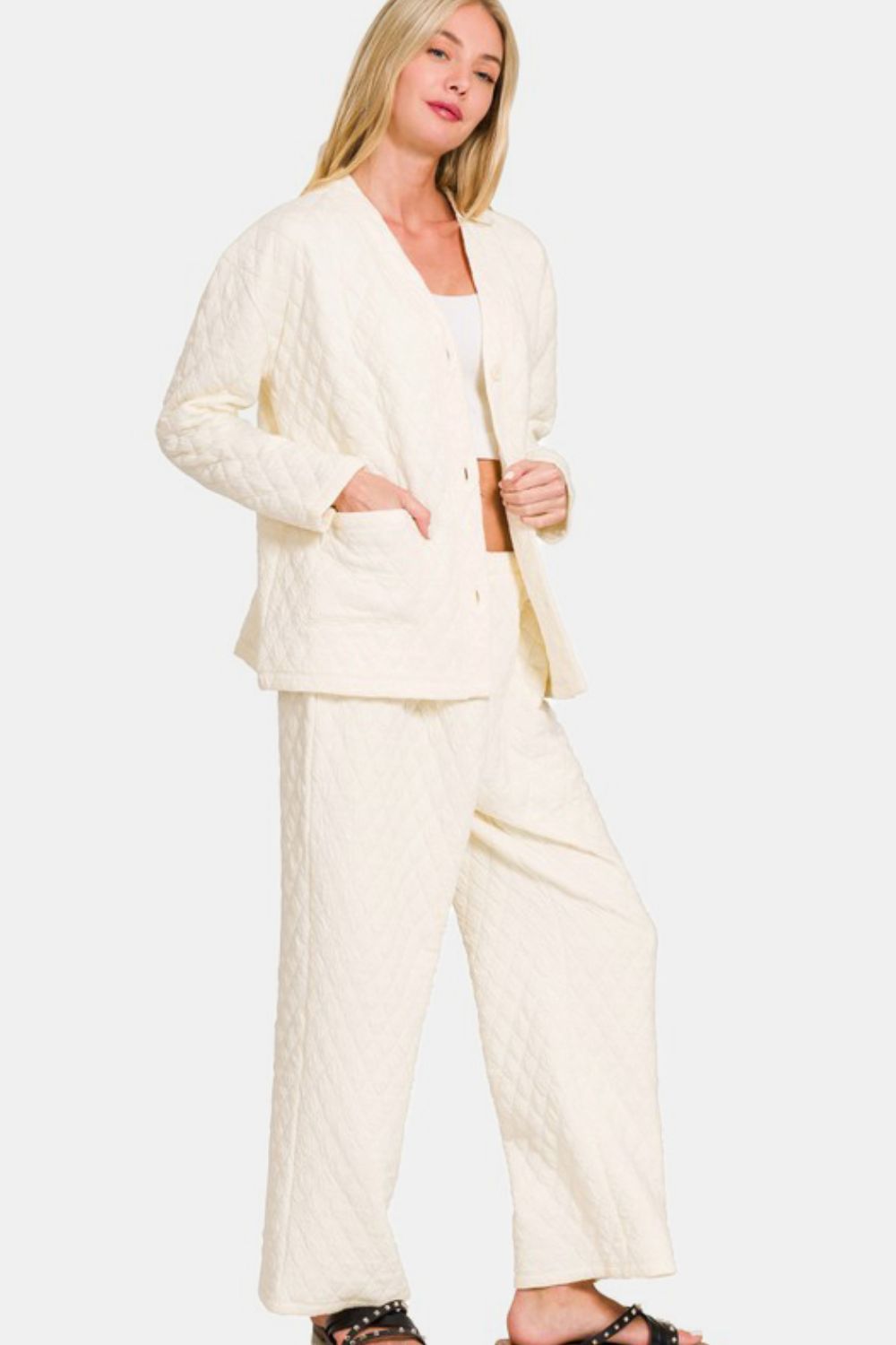 Zenana Quilted Button Up Long Sleeve Top and Pants Lounge Set - Sydney So Sweet