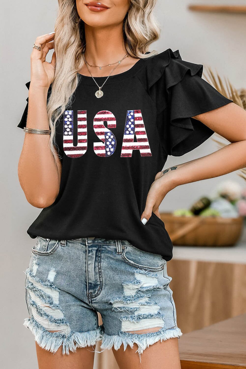 USA Round Neck Flounce Sleeve Top - Sydney So Sweet