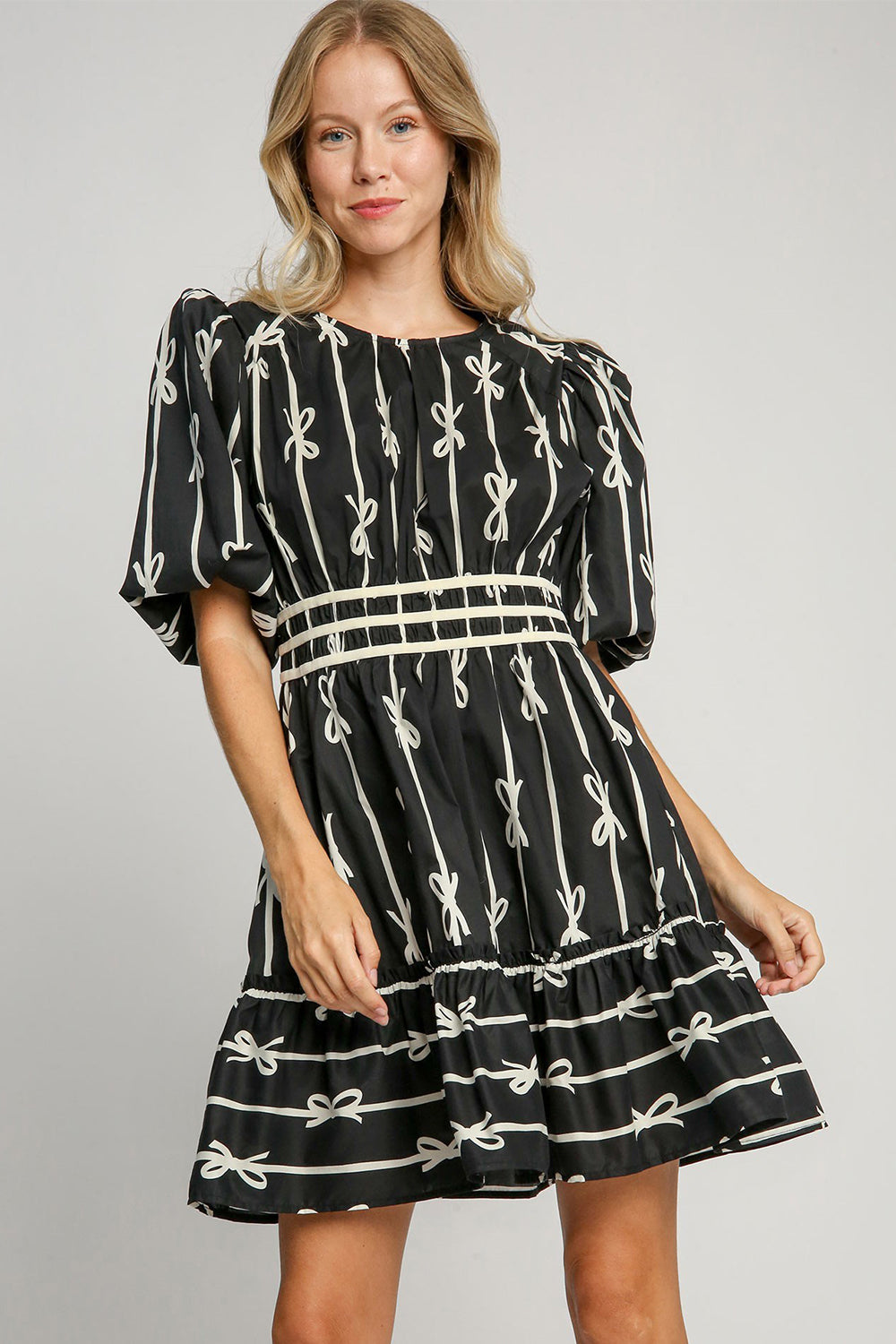 Umgee Ribbon Print Frill Contrast Velvet Trim Half Sleeve Dress - Sydney So Sweet