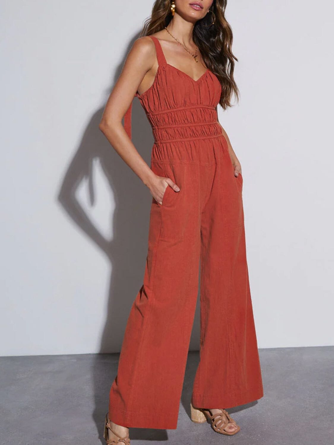 Ruched Wide Strap Jumpsuit with Pockets - Sydney So Sweet