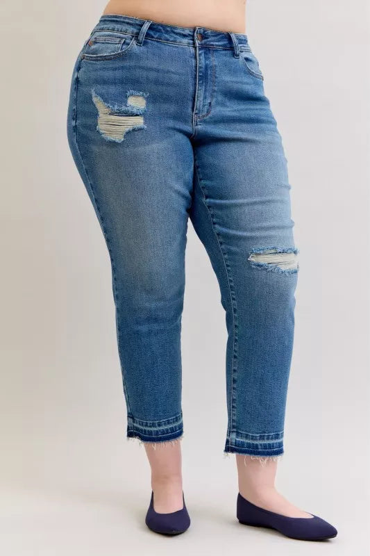 Judy Blue Full Size Mid Rise Bf Patch & Repair Destroy Release Hem Jeans Plus Size - Sydney So Sweet