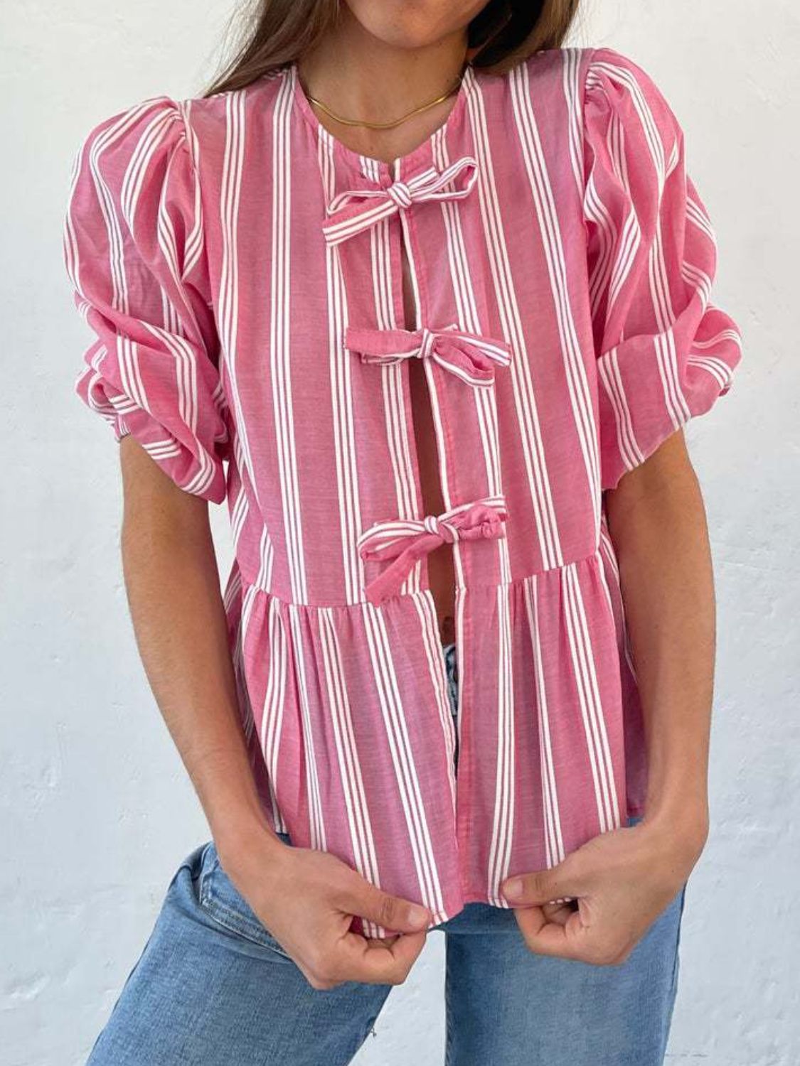 Tied Round Neck Balloon Sleeve Shirt - Sydney So Sweet