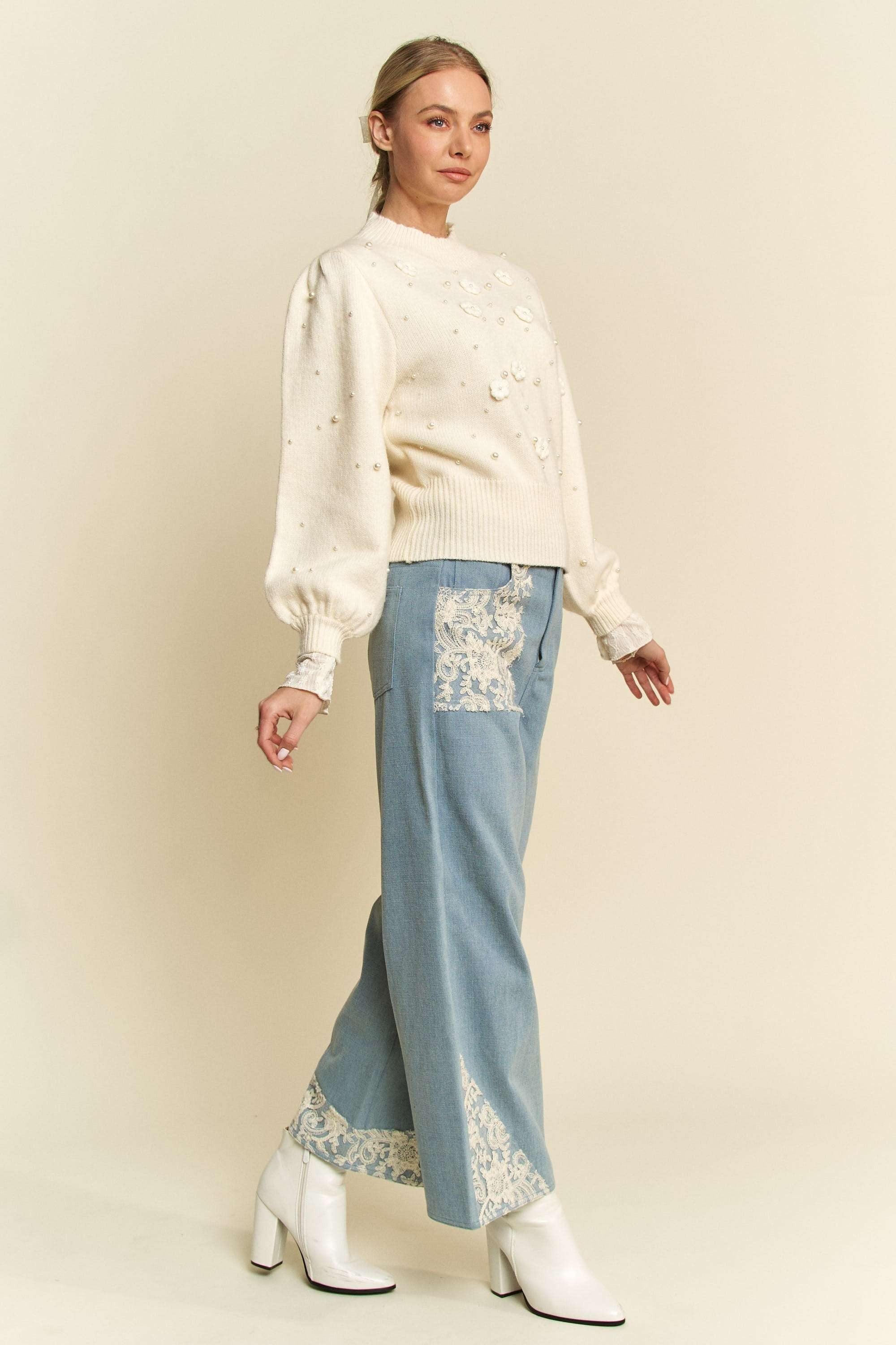 Davi & Dani Lace Applique Wide Leg Jeans - Sydney So Sweet