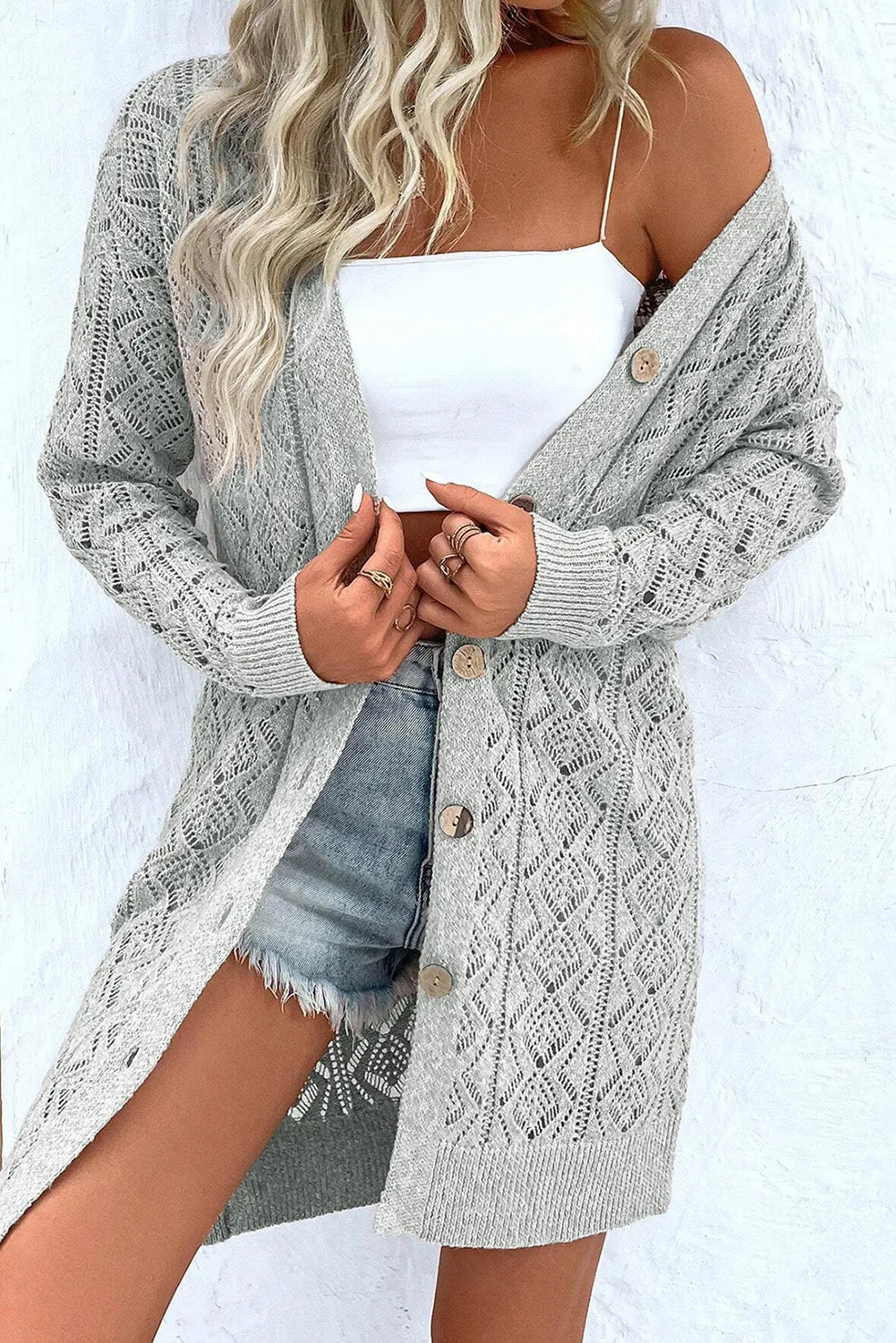 Openwork Button Down Long Sleeve Cardigan - Sydney So Sweet