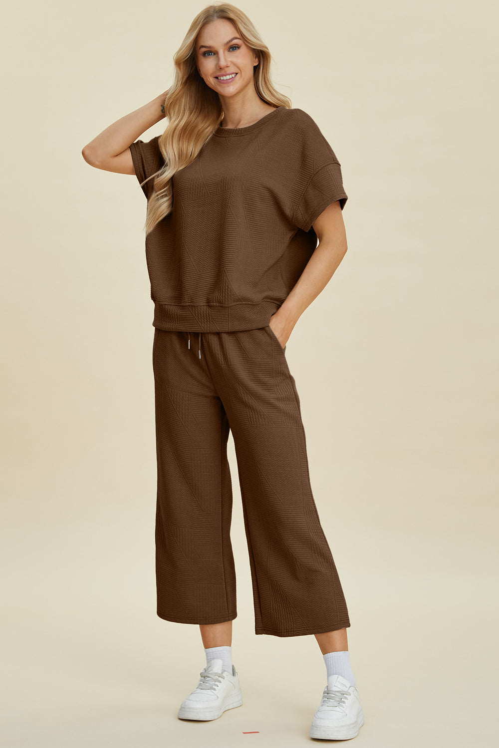 Double Take Full Size Texture Round Neck Top and Pants Set - Sydney So Sweet