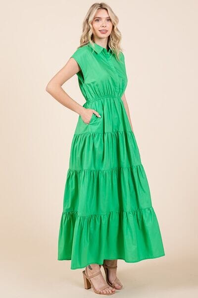 Mittoshop Button Up Collared Tiered Maxi Shirt Dress - Sydney So Sweet