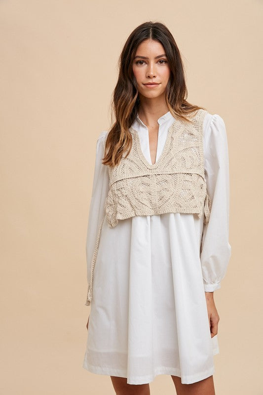 Annie Wear Crochet Vest Notched Long Sleeve Shirt Dress - Sydney So Sweet