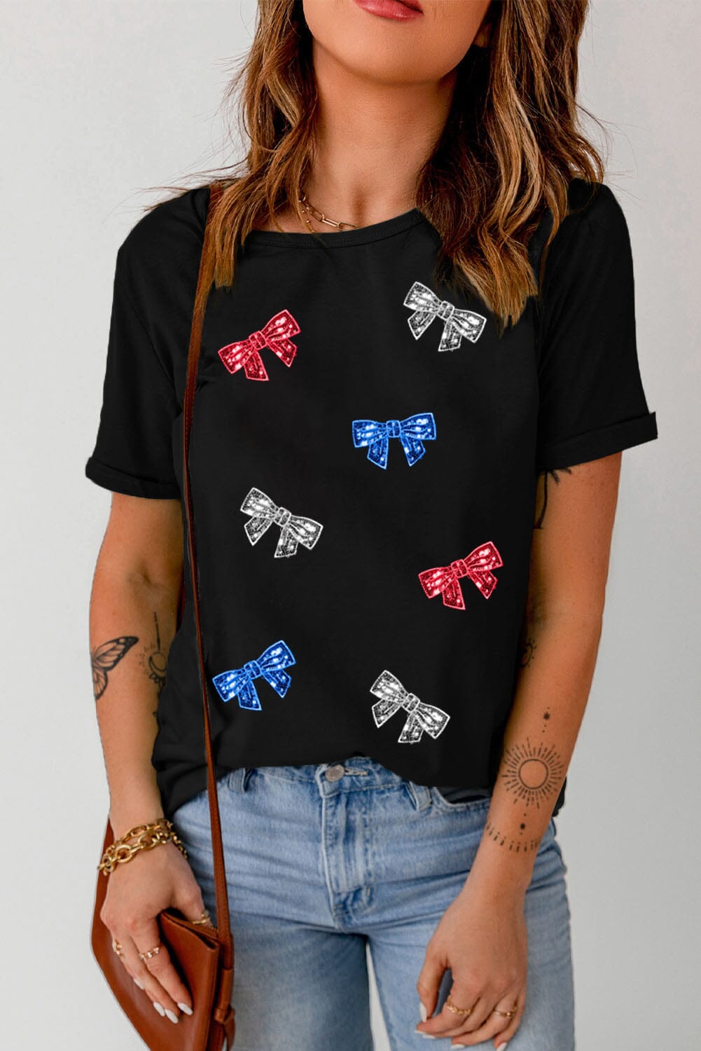 Sequin Patriotic Bow Women&#39;s Short Sleeve T-Shirt - Sydney So Sweet