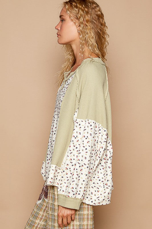 POL Waffle Knit Floral Notched Long Sleeve Top - Sydney So Sweet