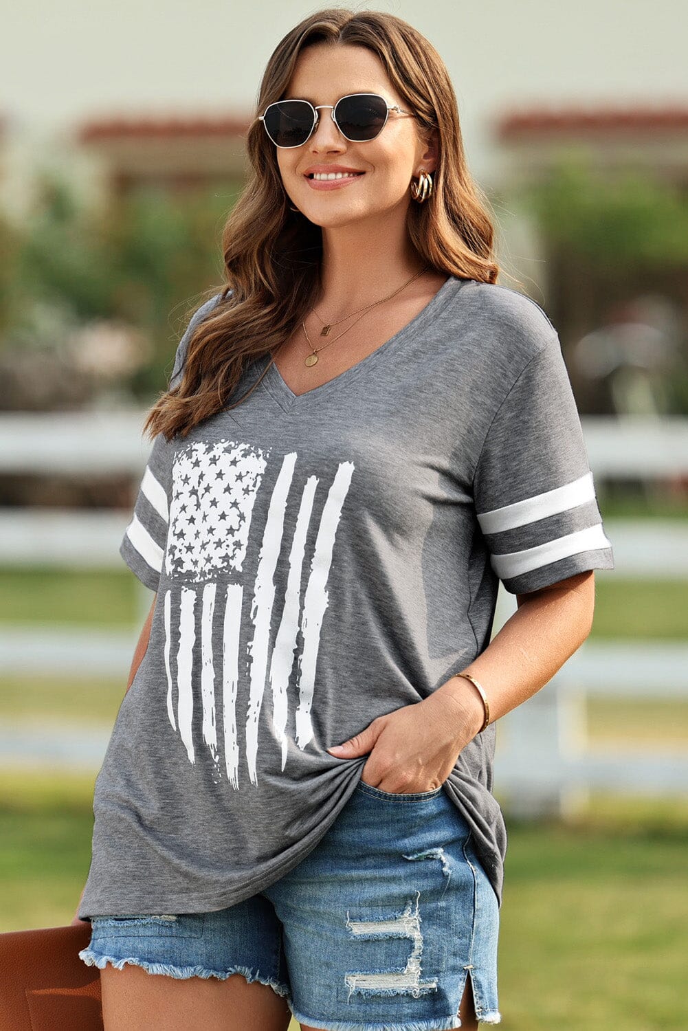 Plus Size US Flag Graphic V-Neck Tee - Sydney So Sweet