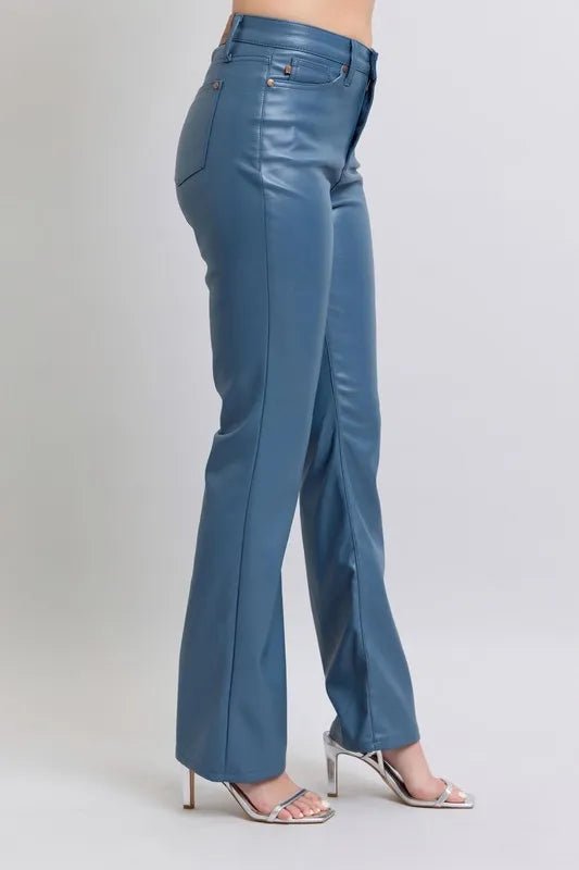 Judy Blue Full Size High Waist Tummy Control Faux Leather Bootcut Pants Plus Size - Sydney So Sweet