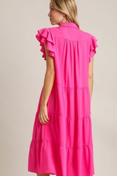 Umgee Full Size Johnny Collar Ruffle Cap Sleeve Tiered Dress Plus Size - Sydney So Sweet