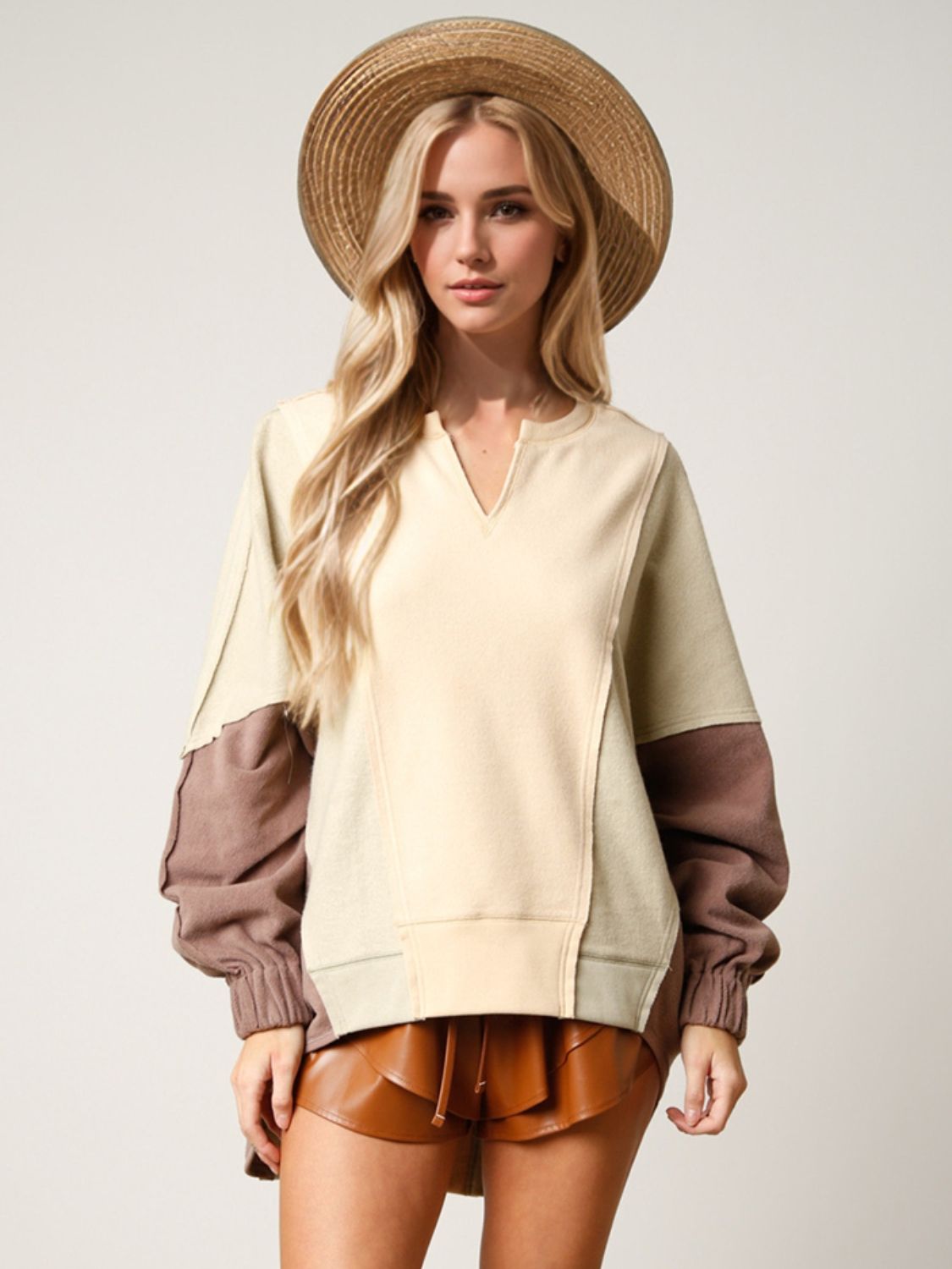 High-Low Contrast Notched Long Sleeve Sweatshirt - Sydney So Sweet