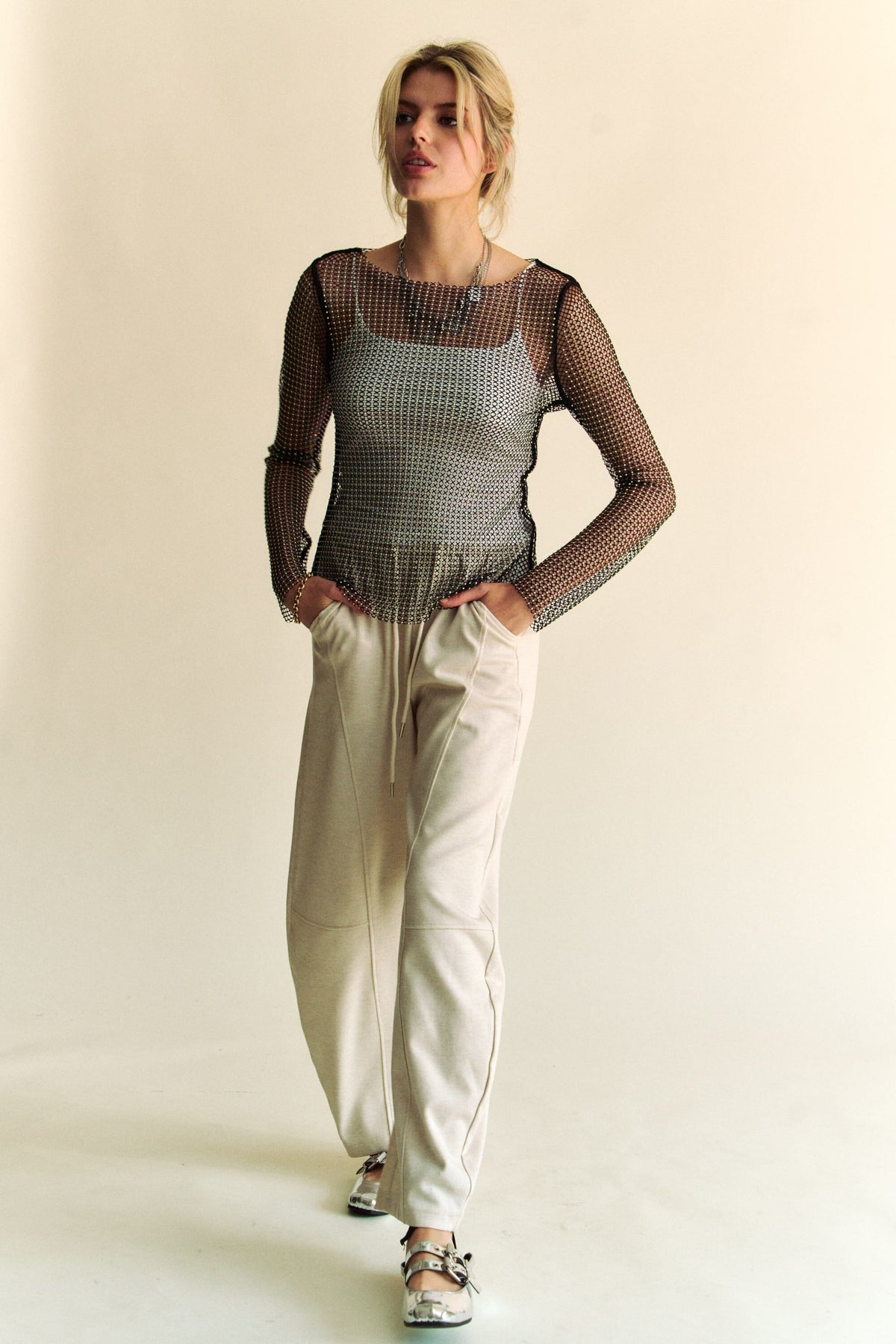 Davi & Dani Sparkling Rhinestone Sheer Mesh Round Neck Top - Sydney So Sweet