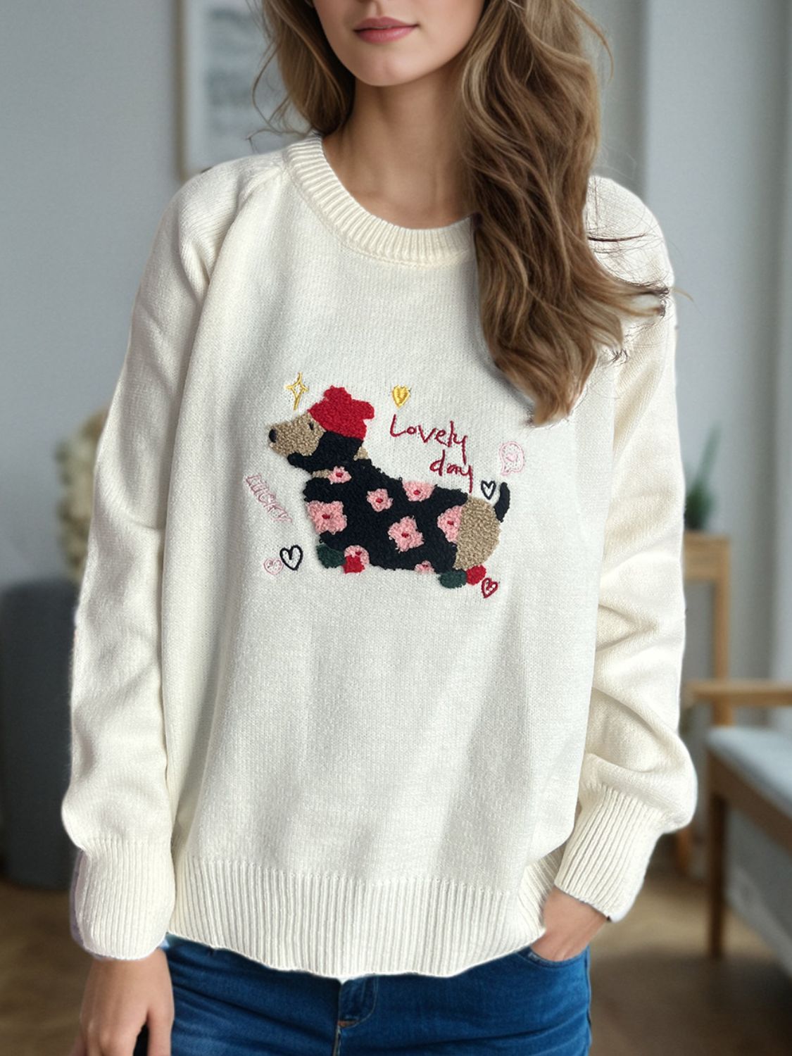 Puppy Round Neck Raglan Sleeve Sweater - Sydney So Sweet