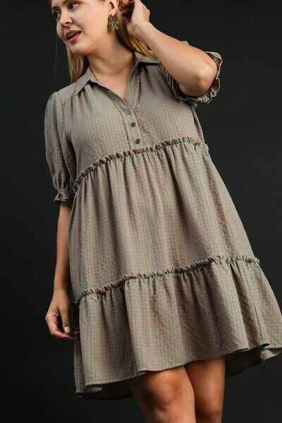 Umgee Full Size Plaid Frill Button Detail Ruffled Short Sleeve Dress Plus Size - Sydney So Sweet