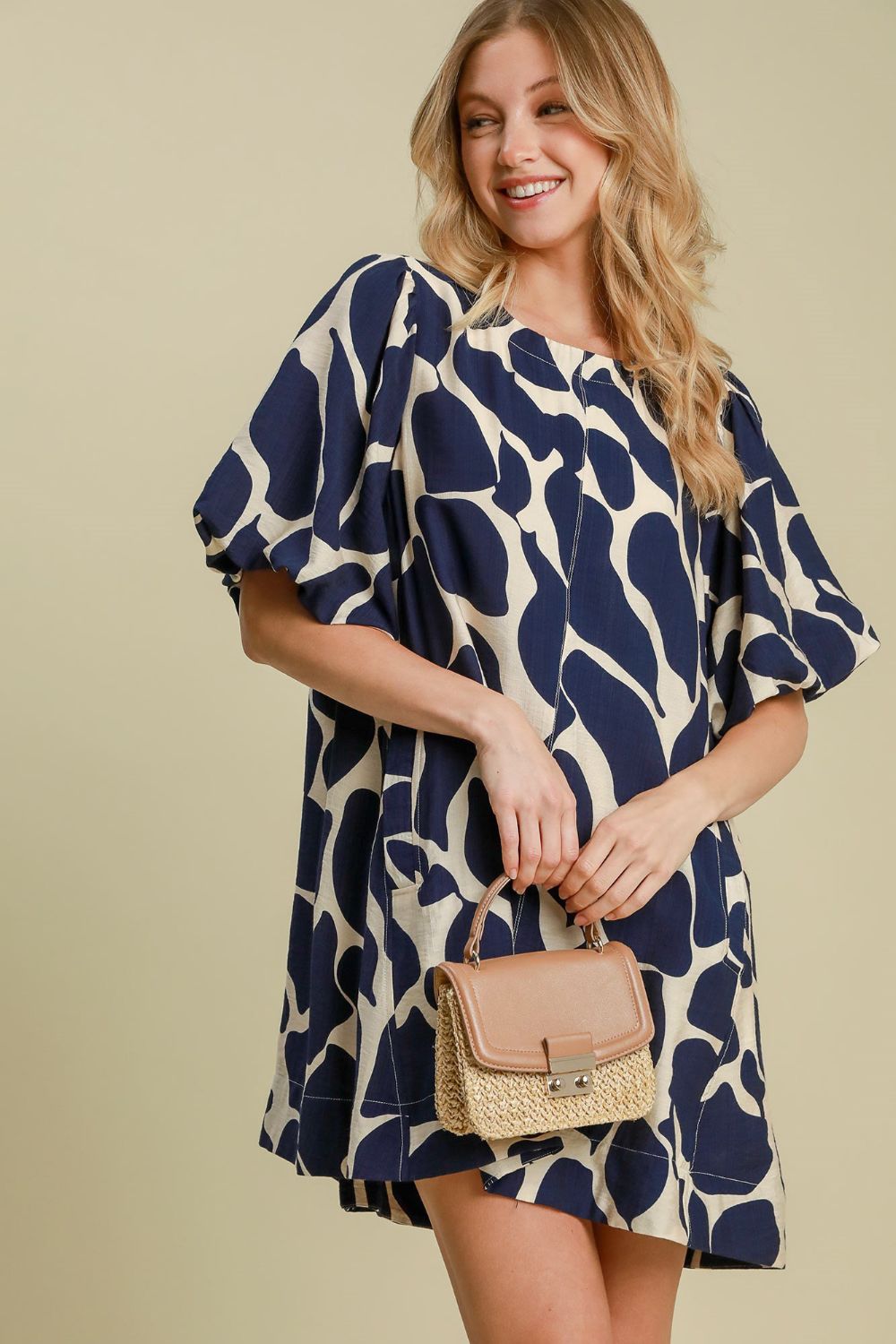 Umgee Two Tone Abstract Print Puff Sleeve Dress - Sydney So Sweet