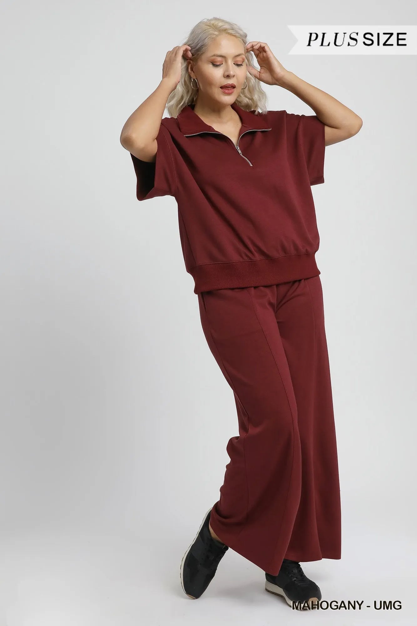 Umgee Full Size Half-Zip Short Sleeve Top Plus Size - Sydney So Sweet