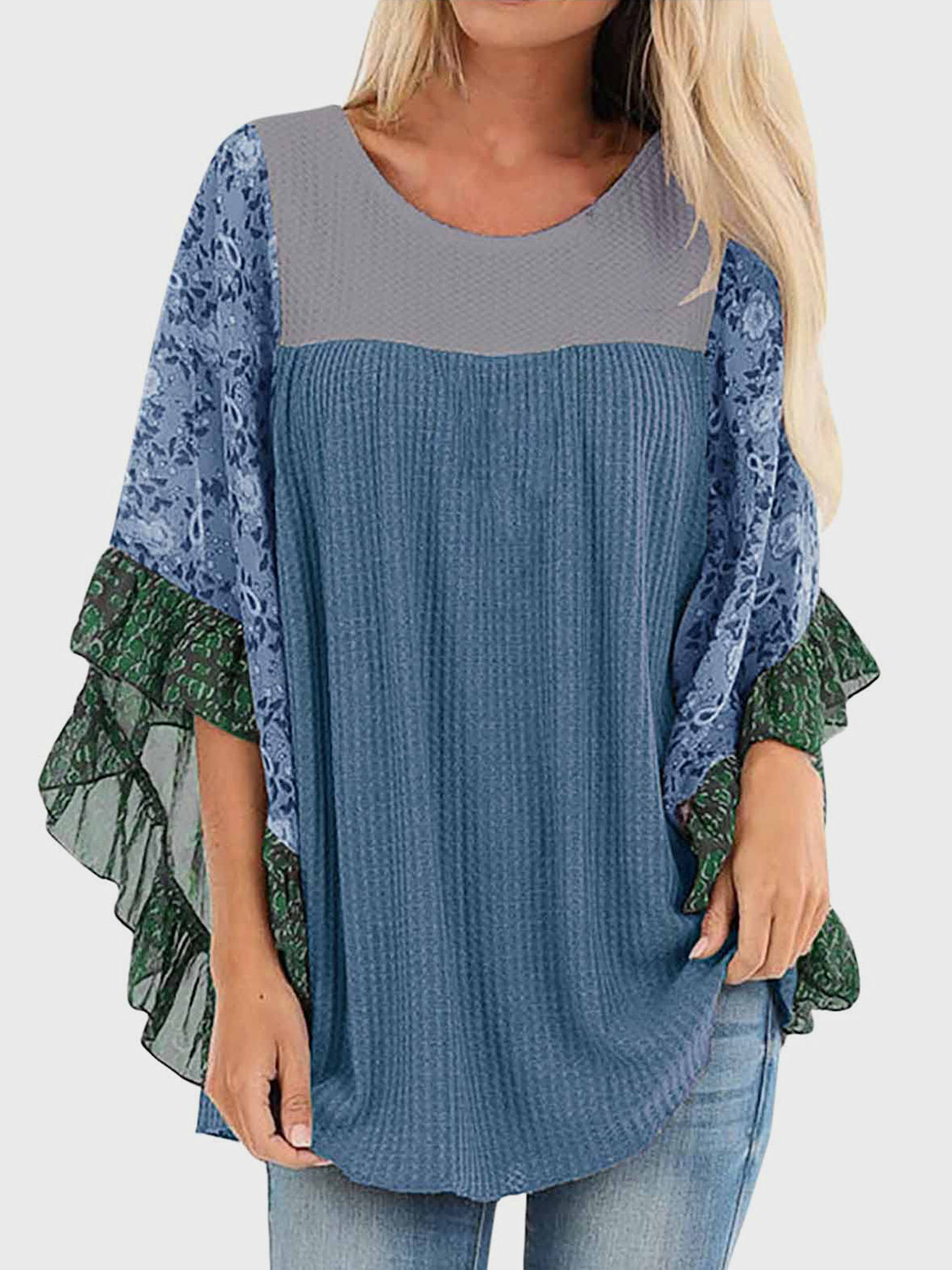 Full Size Printed Round Neck Three-Quarter Sleeve Blouse - Sydney So Sweet