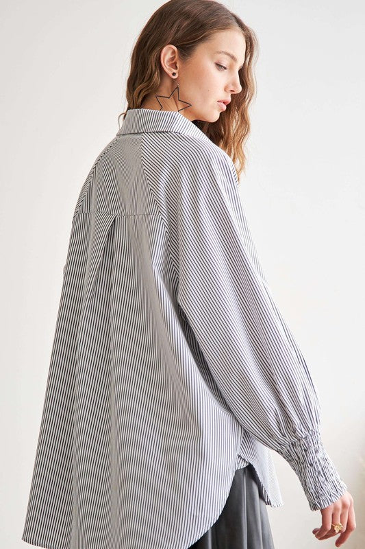 ADORA High-Low Striped Button Down Smocked Lantern Sleeve Shirt - Sydney So Sweet