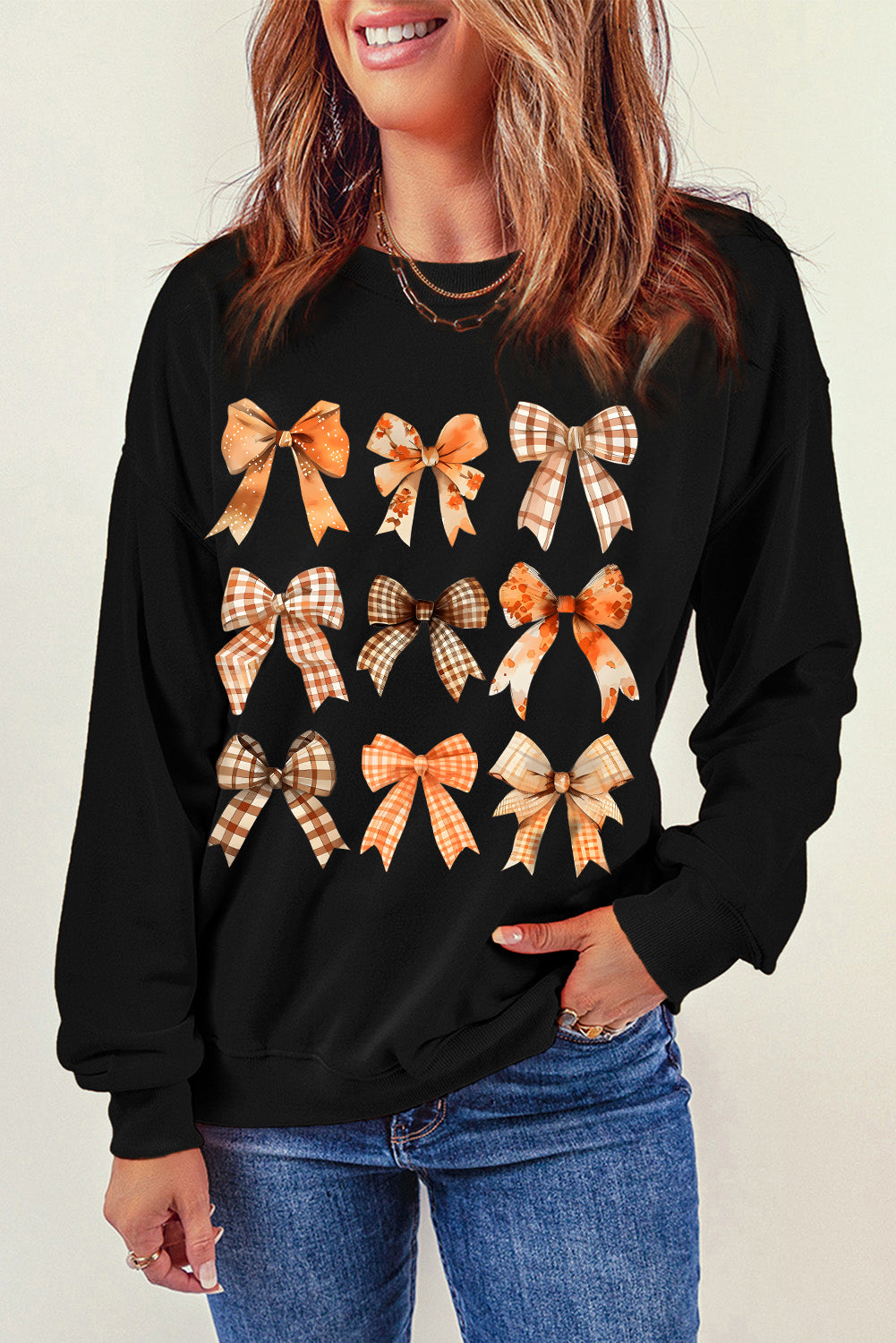 Bow Graphic Round Neck Long Sleeve Fall Sweatshirt - Sydney So Sweet